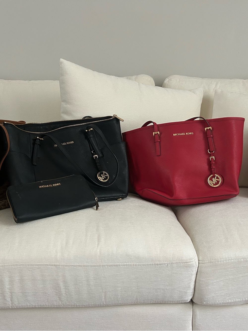 Michael Kors Red Leather Tote with Black Companion Set